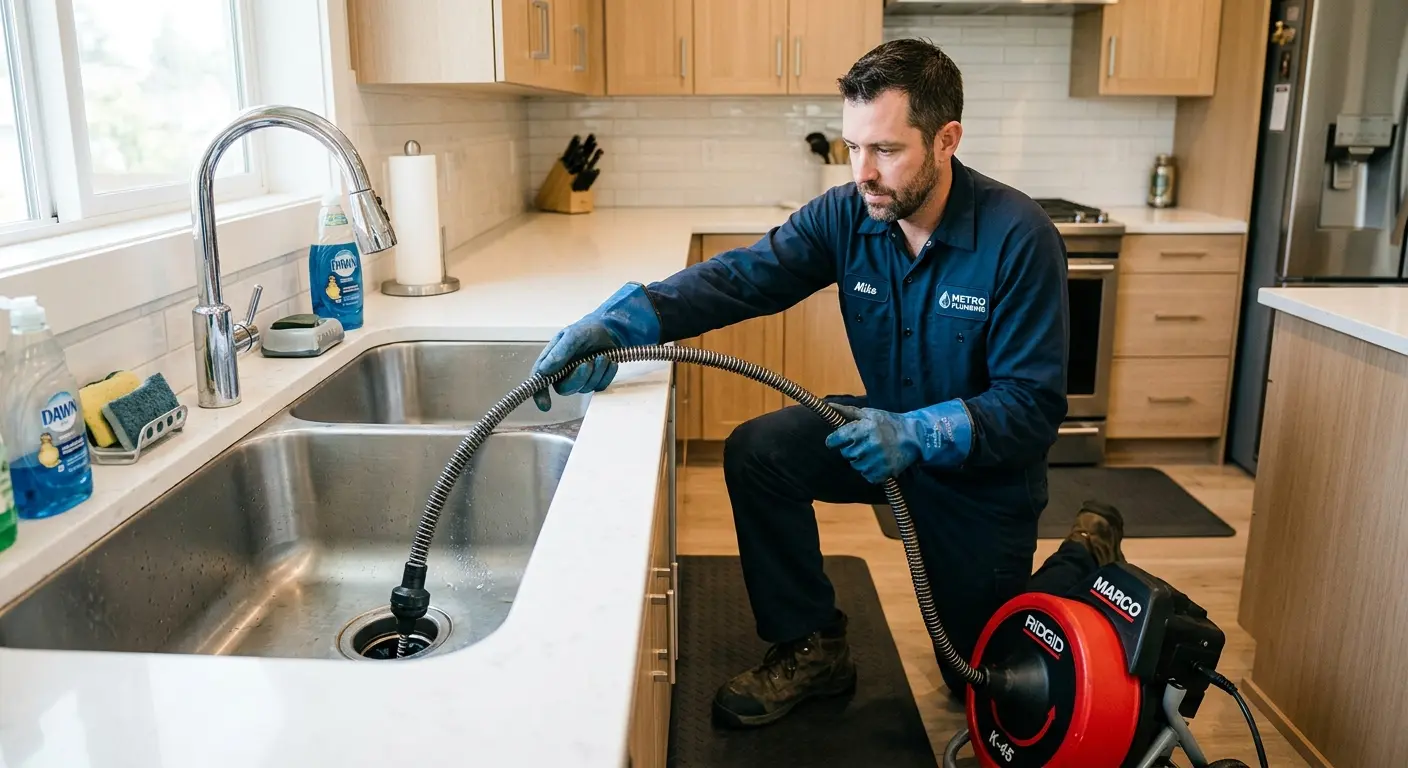Drain cleaning technician using a motorized snake on a kitchen sink in Apple Valley