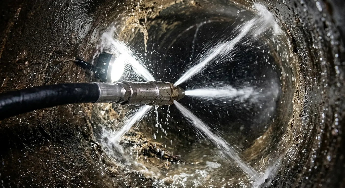 High-pressure hydro jetting nozzle cleaning sewer pipe for Trenchless Sewer Repair in Apple Valley