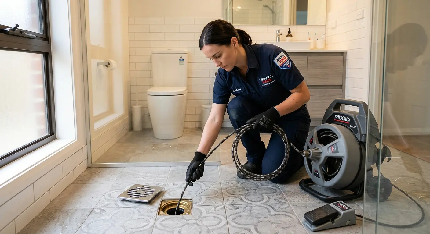Technician clearing a bathroom floor drain for Hydro Jetting in Apple Valley